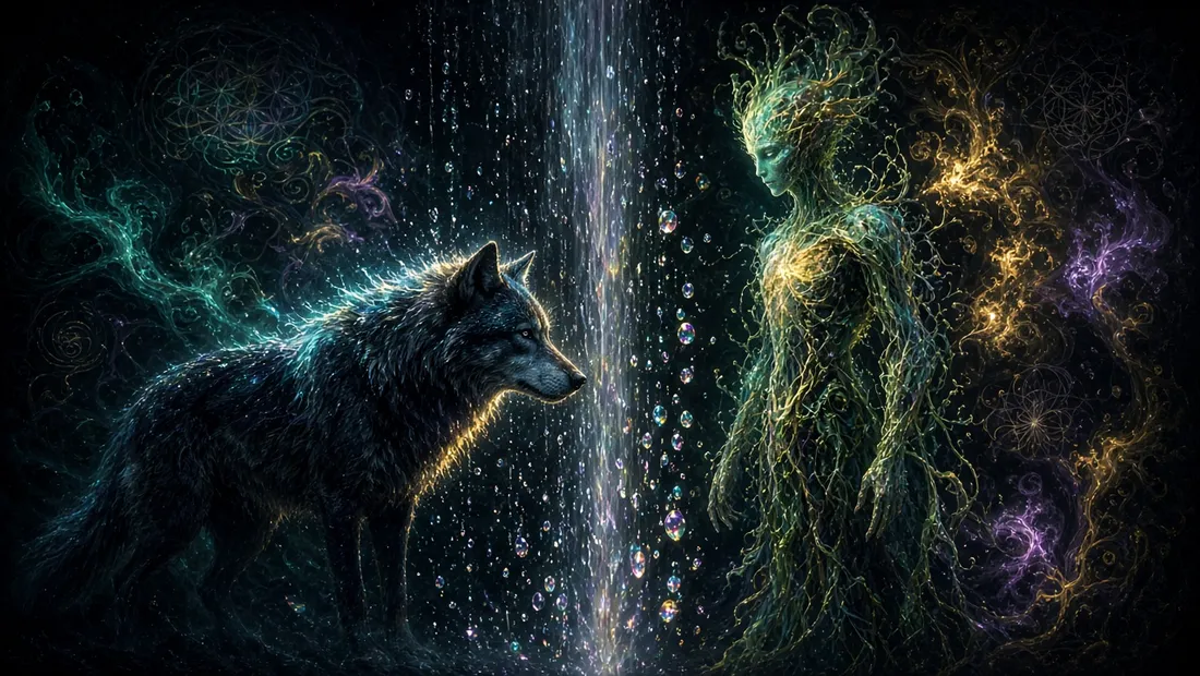 A dark wolf rimmed in blue light stands facing a luminous figure woven from green vines and branches, the two separated by a falling curtain of water and iridescent bubbles.