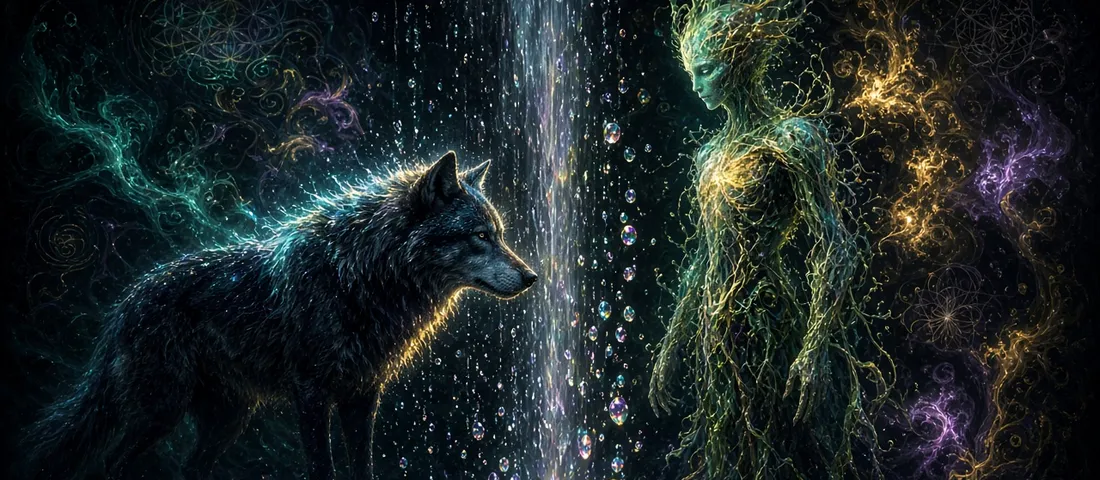 A dark wolf rimmed in blue light stands facing a luminous figure woven from green vines and branches, the two separated by a falling curtain of water and iridescent bubbles.